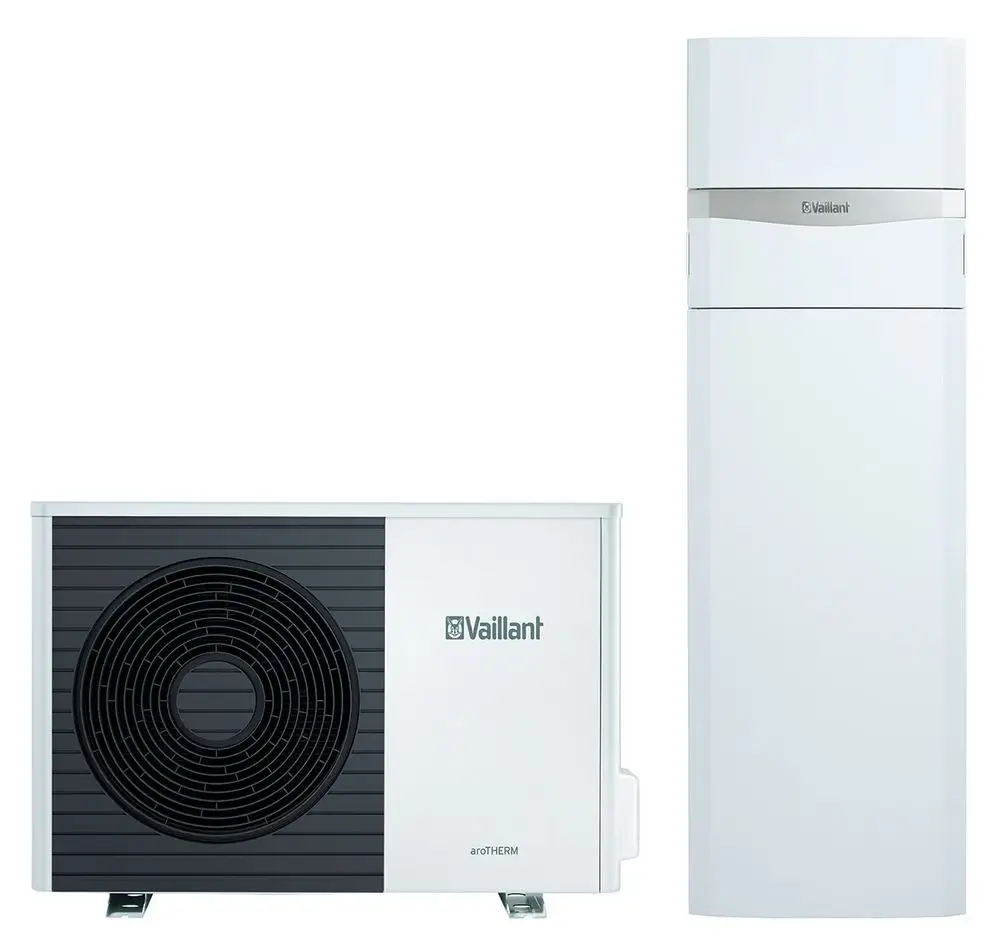 Wärmepumpe von Vaillant mit Außengerät und Innehybridmodul in weißer Ausführung, geeignet für Heiz- und Warmwasserlösungen.
